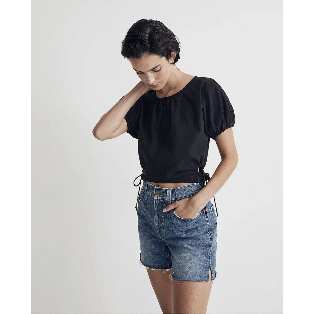 NWT‎ Madewell Womens Polplin Puff Sleeve Cutout Crop Top Shirt XL Cotton Black